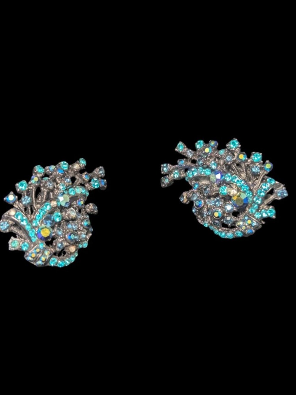 Jose And Maria Barrera Blue Rhinestone Clustered Clip On Earrings